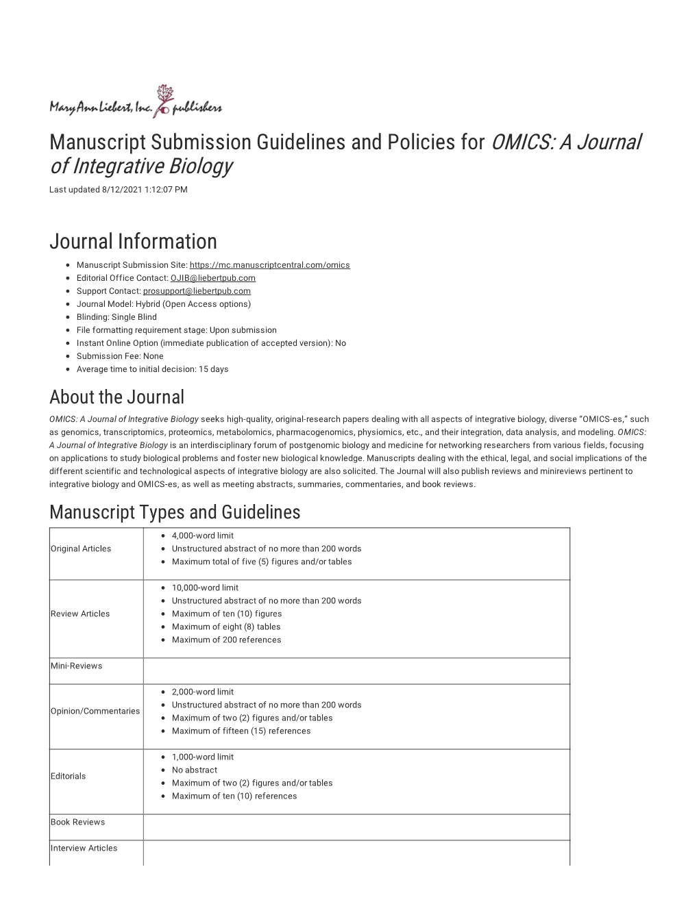Mary Ann Liebert, Inc. Submission Guidelines and Policies