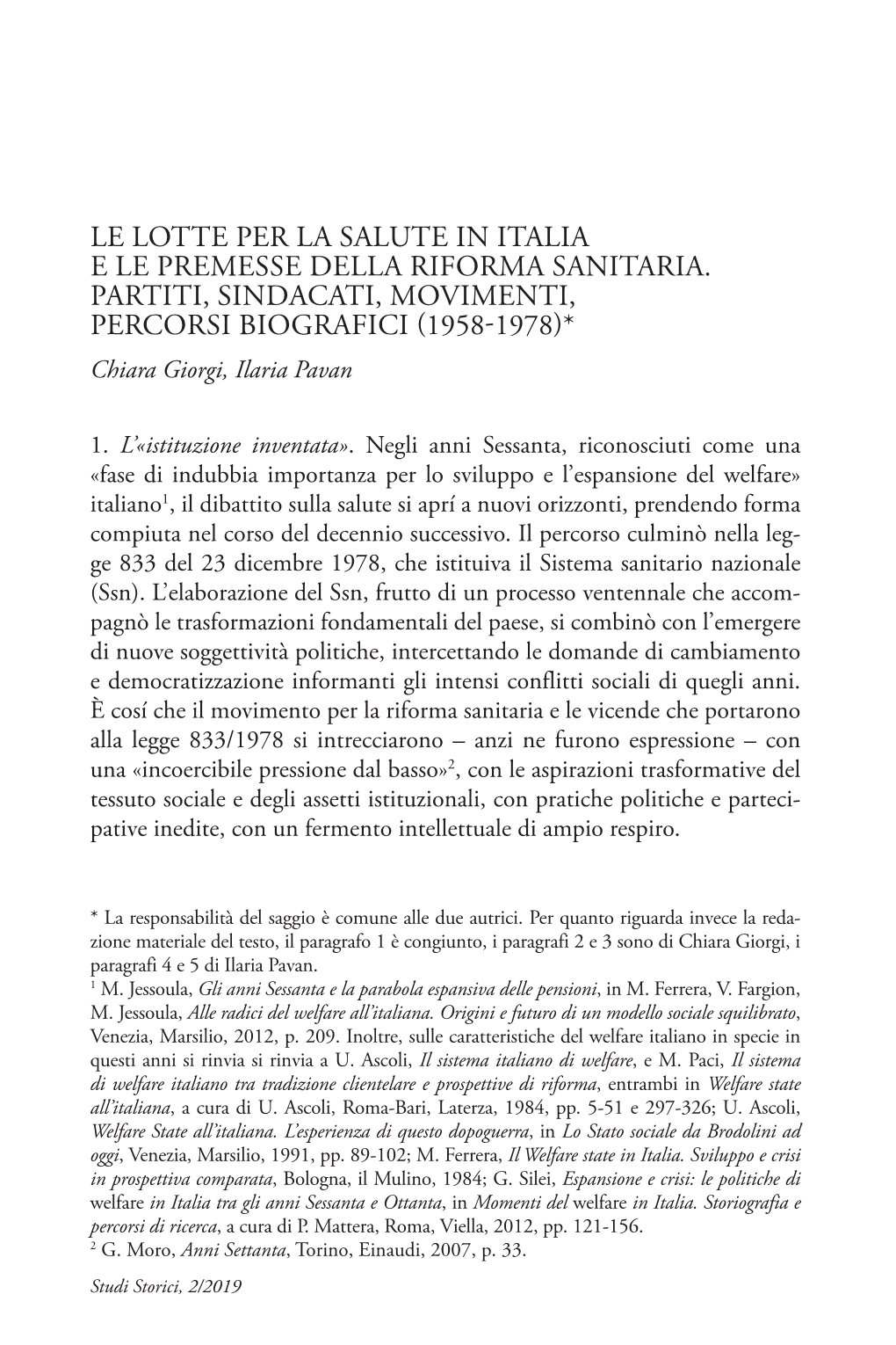 Le Lotte Per La Salute in Italia E Le Premesse Della Riforma Sanitaria