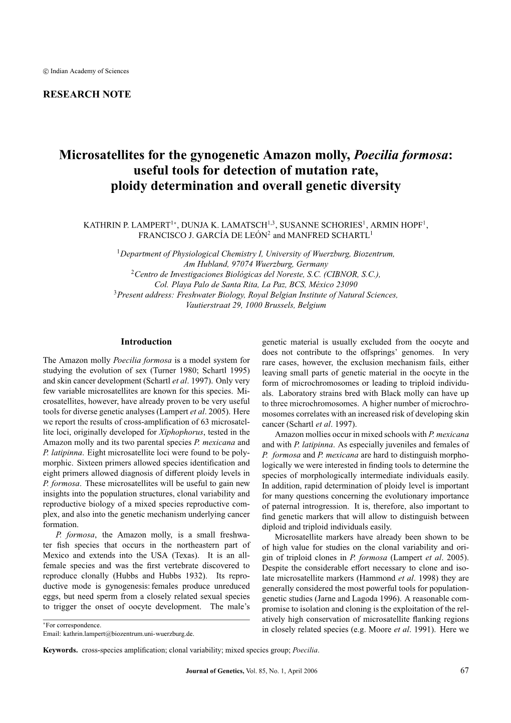 Microsatellites for the Gynogenetic Amazon Molly, Poecilia Formosa: Useful Tools for Detection of Mutation Rate, Ploidy Determination and Overall Genetic Diversity