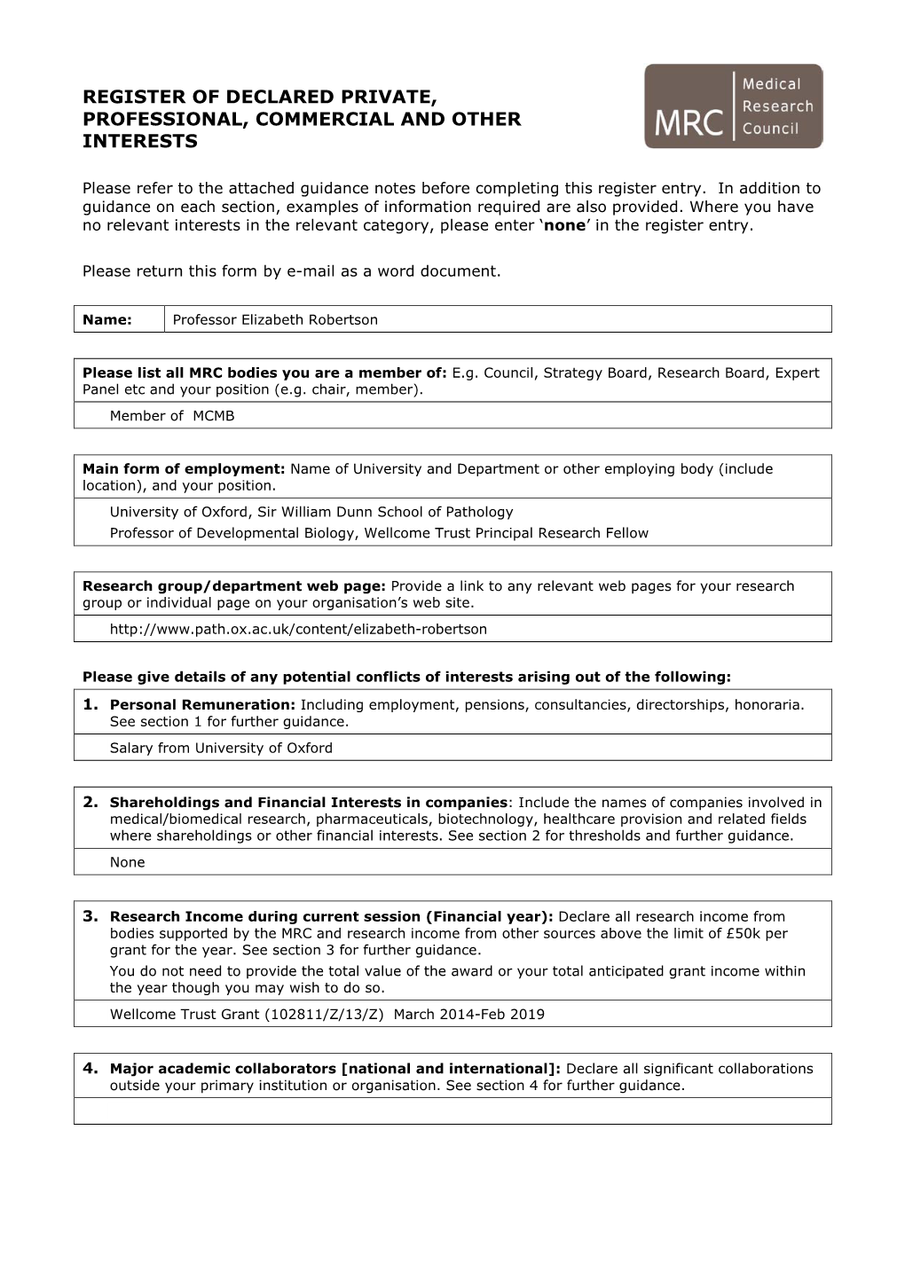 Register of Declared Private, Professional, Commercial and Other Interests