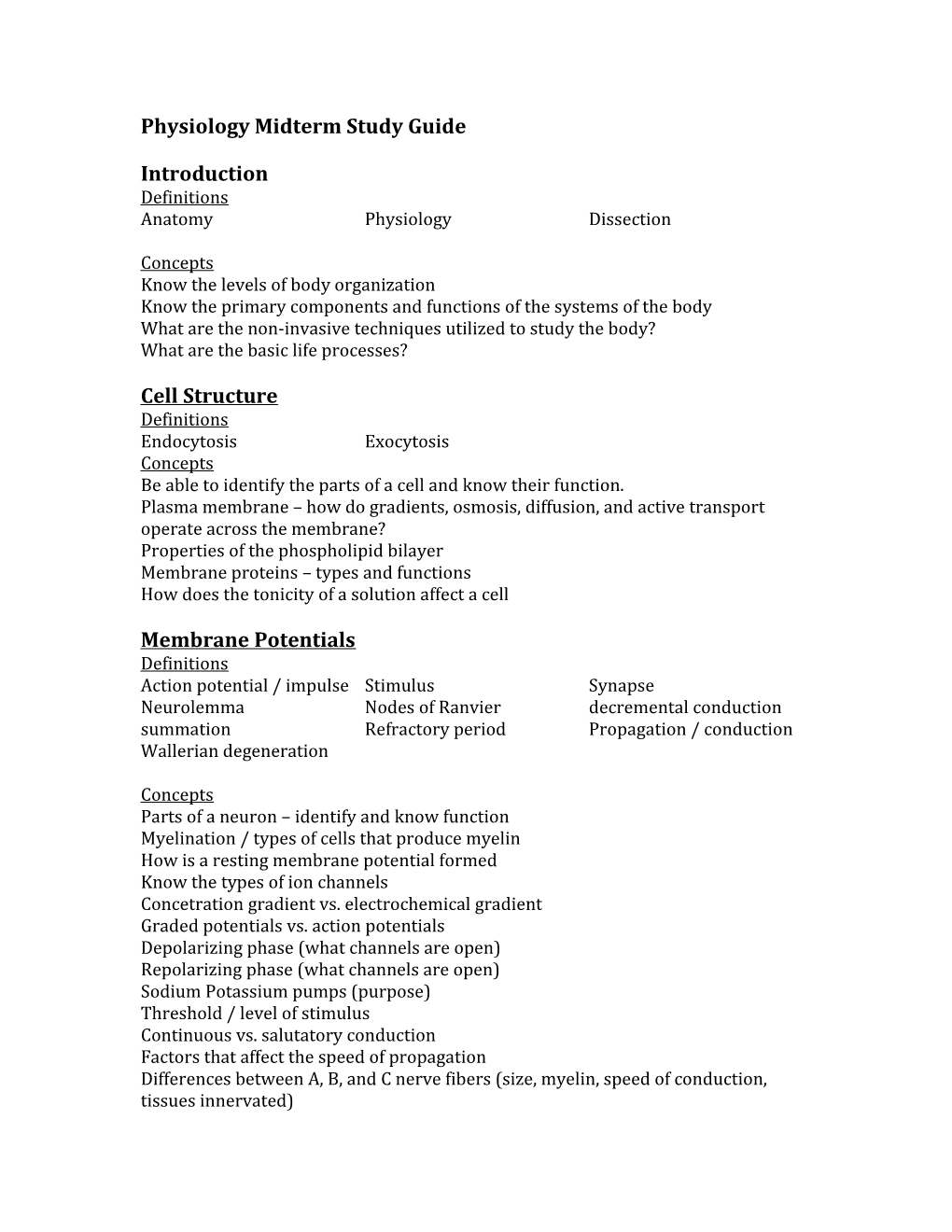 Physiology Midterm Study Guide