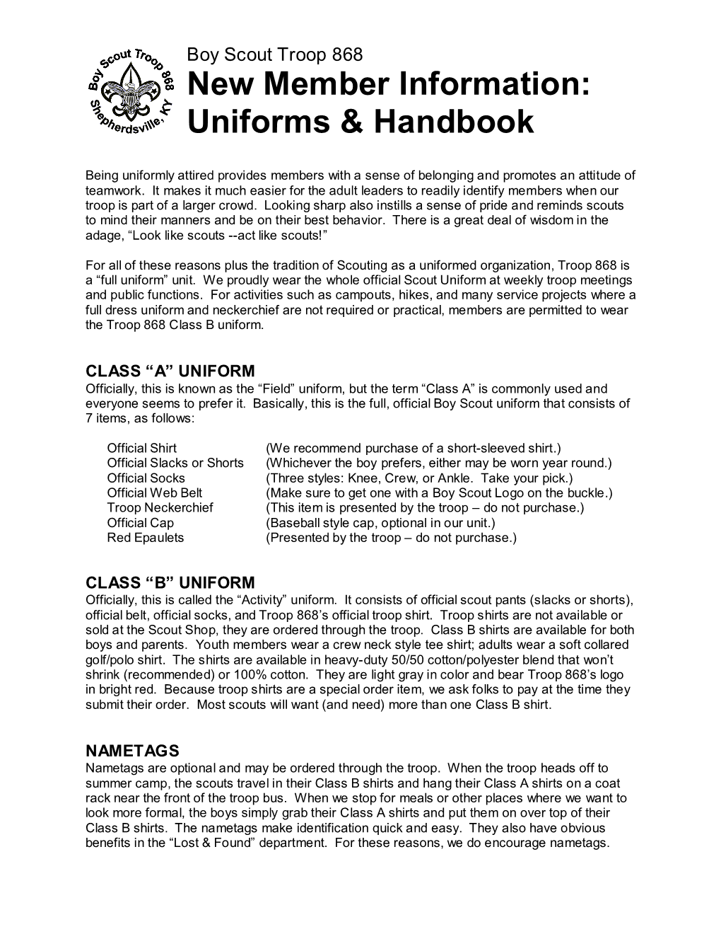 Uniforms & Handbook