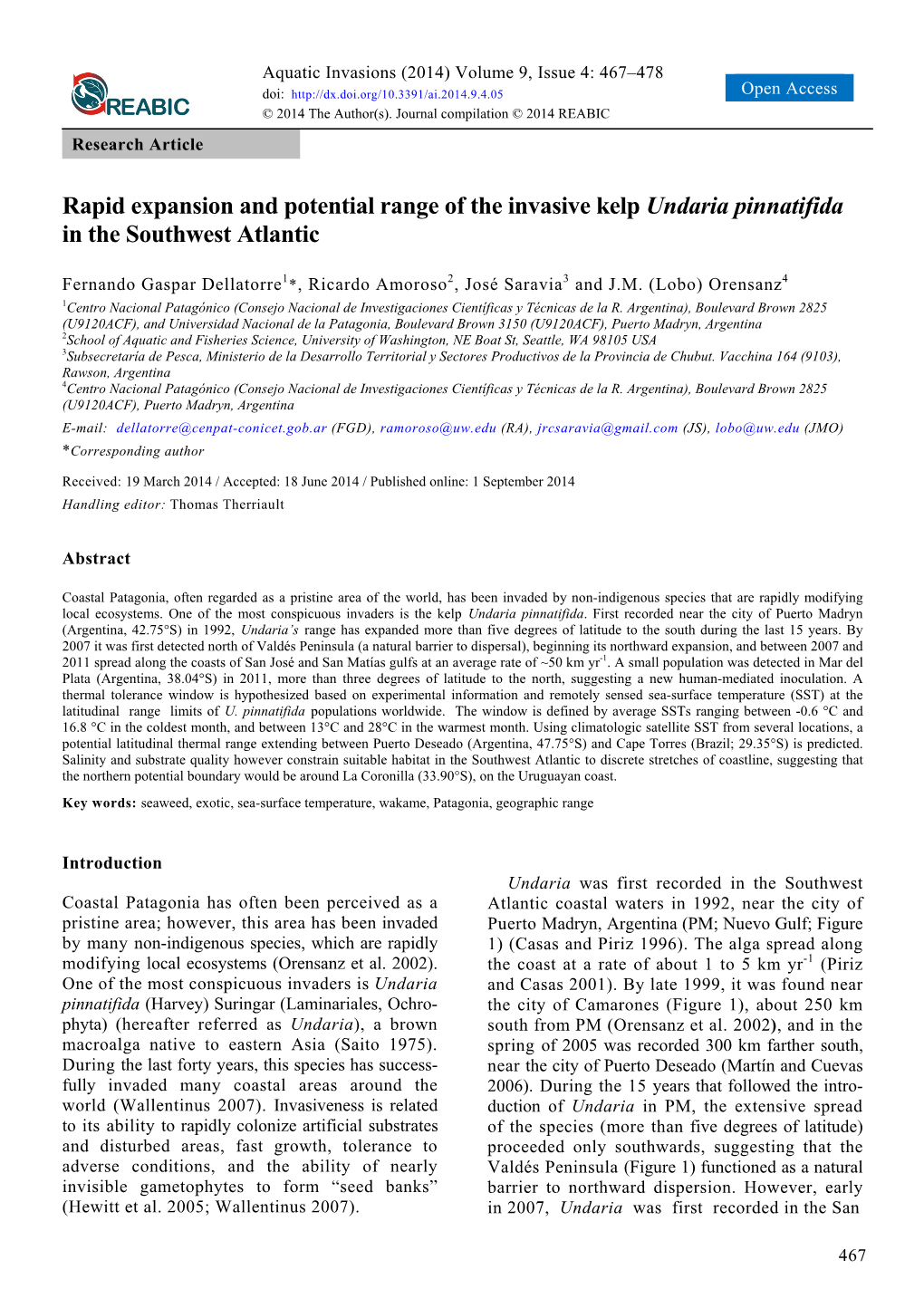 Rapid Expansion and Potential Range of the Invasive Kelp Undaria Pinnatifida in the Southwest Atlantic