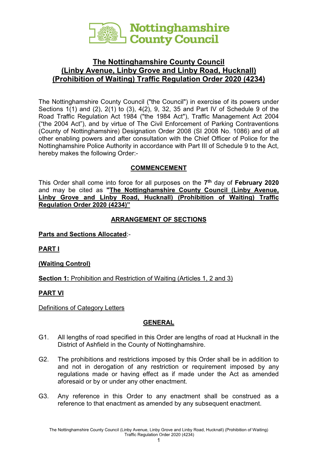 The Nottinghamshire County Council (Linby Avenue, Linby Grove and Linby Road, Hucknall) (Prohibition of Waiting) Traffic Regulation Order 2020 (4234)