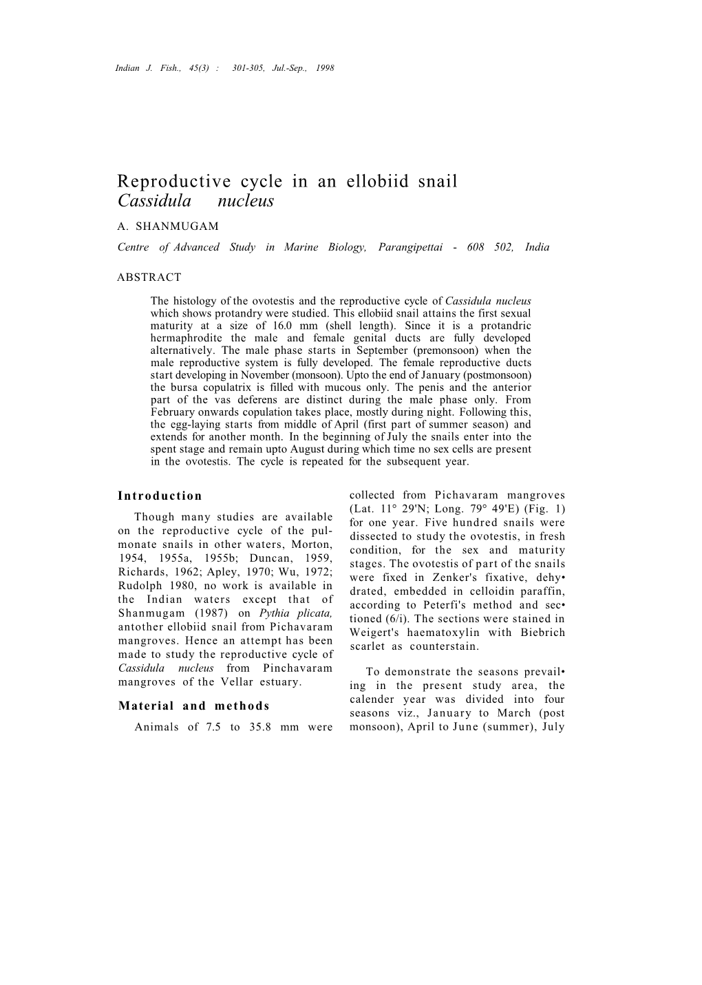 Reproductive Cycle in an Ellobiid Snail Cassidula Nucleus A