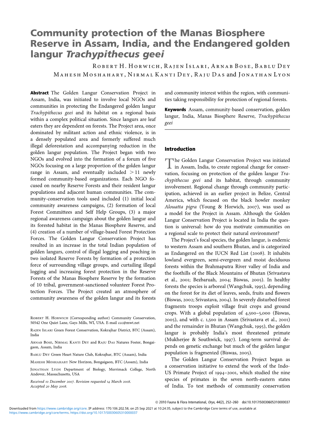 Community Protection of the Manas Biosphere Reserve in Assam, India, and the Endangered Golden Langur Trachypithecus Geei R Obert H