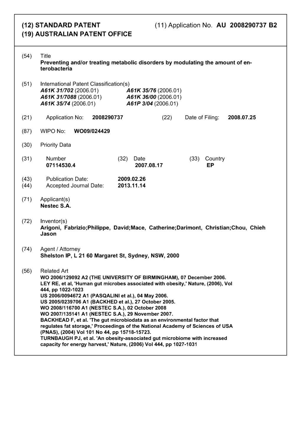 Application No. AU 2008290737 B2 (19) AUSTRALIAN PATENT OFFICE