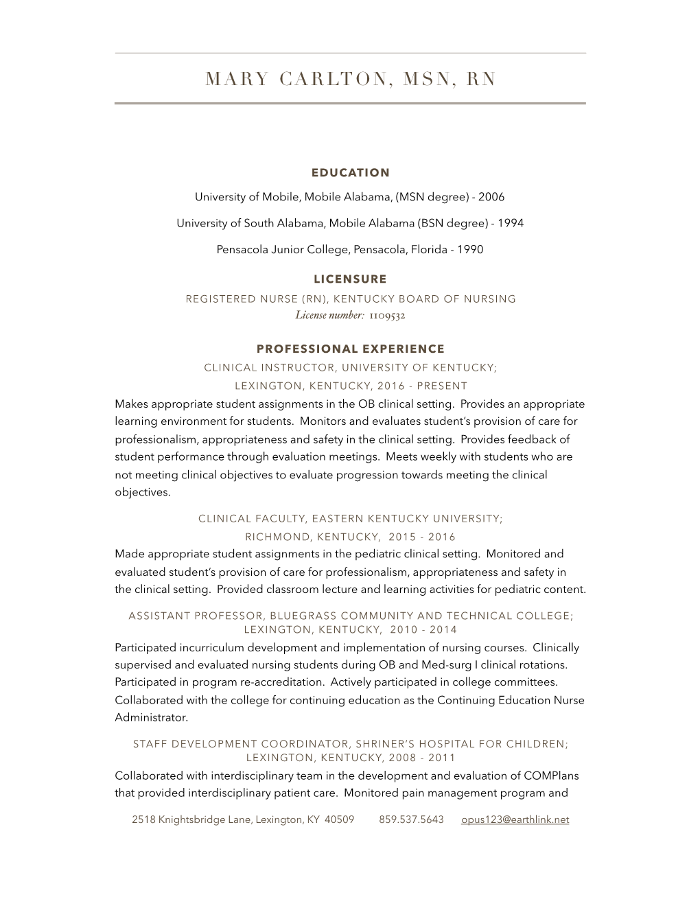 Mary Carlton's CV