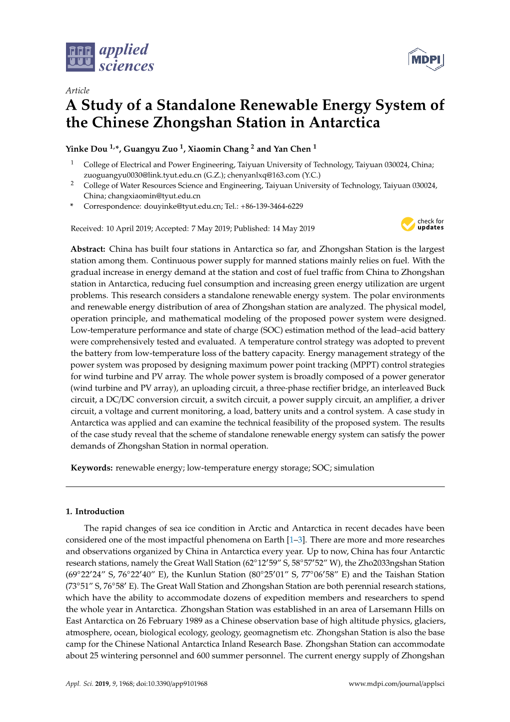 A Study of a Standalone Renewable Energy System of the Chinese Zhongshan Station in Antarctica