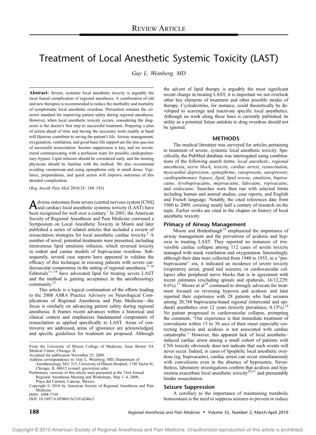 Treatment of Local Anesthetic Systemic Toxicity (LAST)