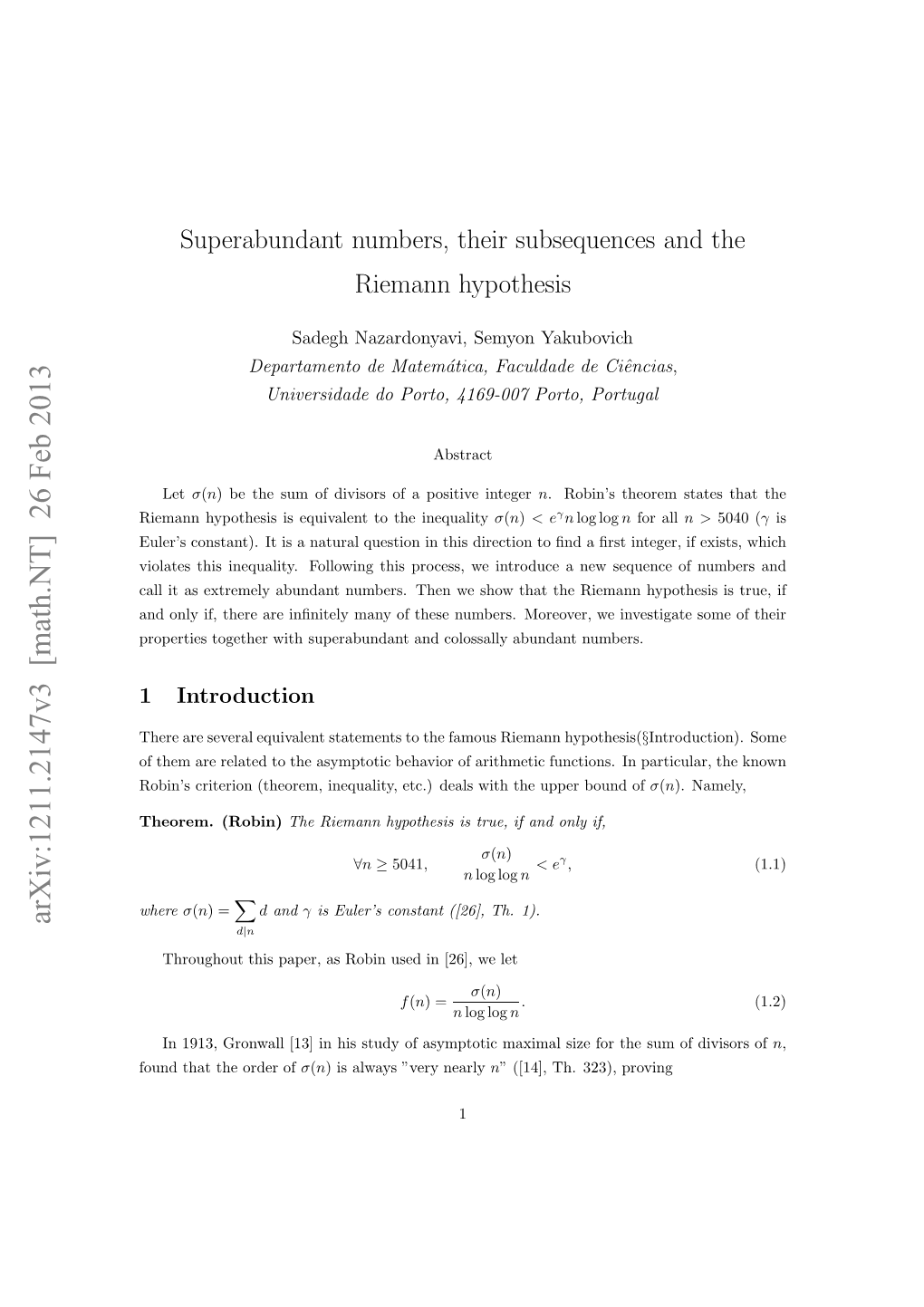 Superabundant Numbers, Their Subsequences and the Riemann