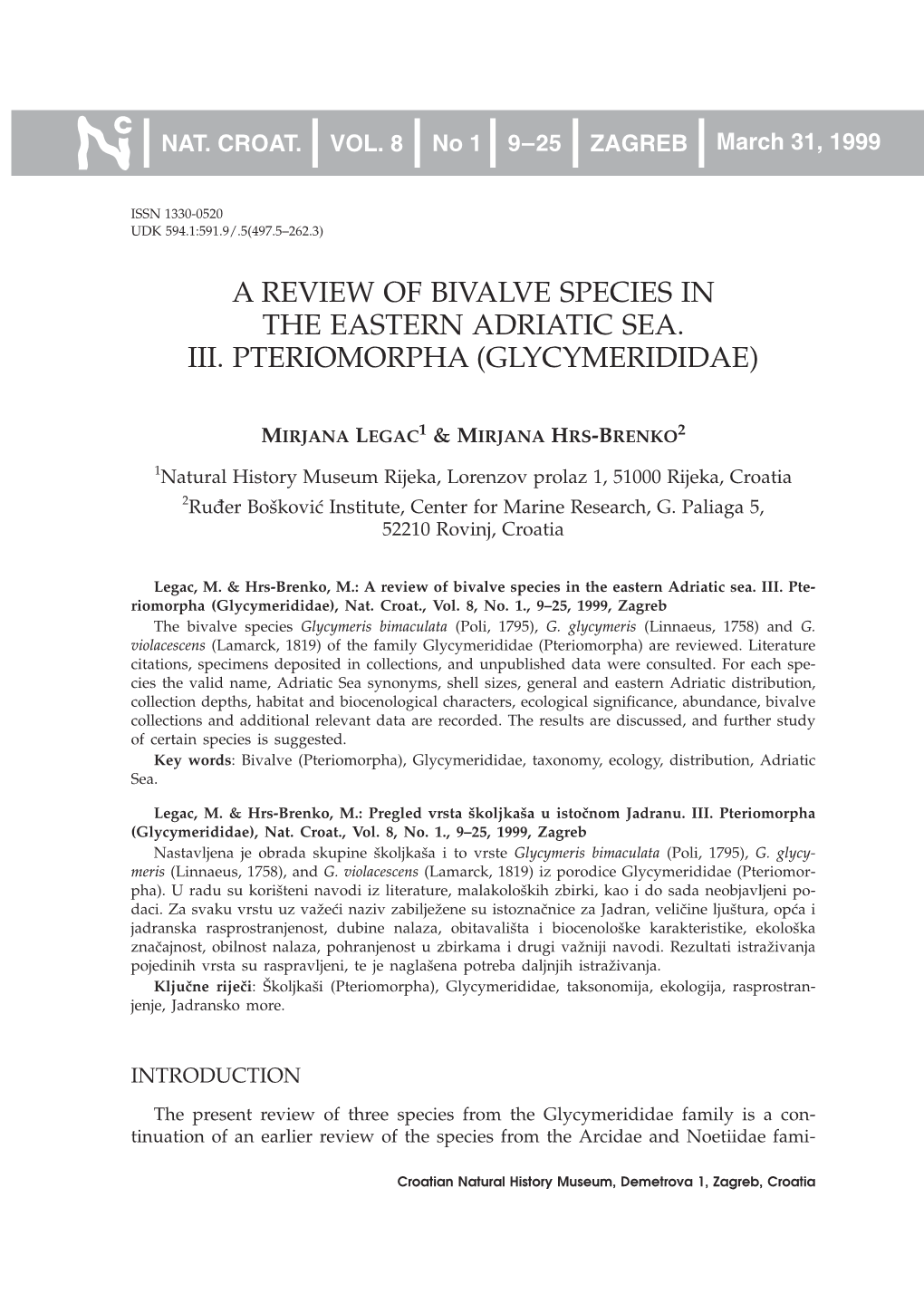 A Review of Bivalve Species in the Eastern Adriatic Sea. Iii. Pteriomorpha (Glycymerididae)