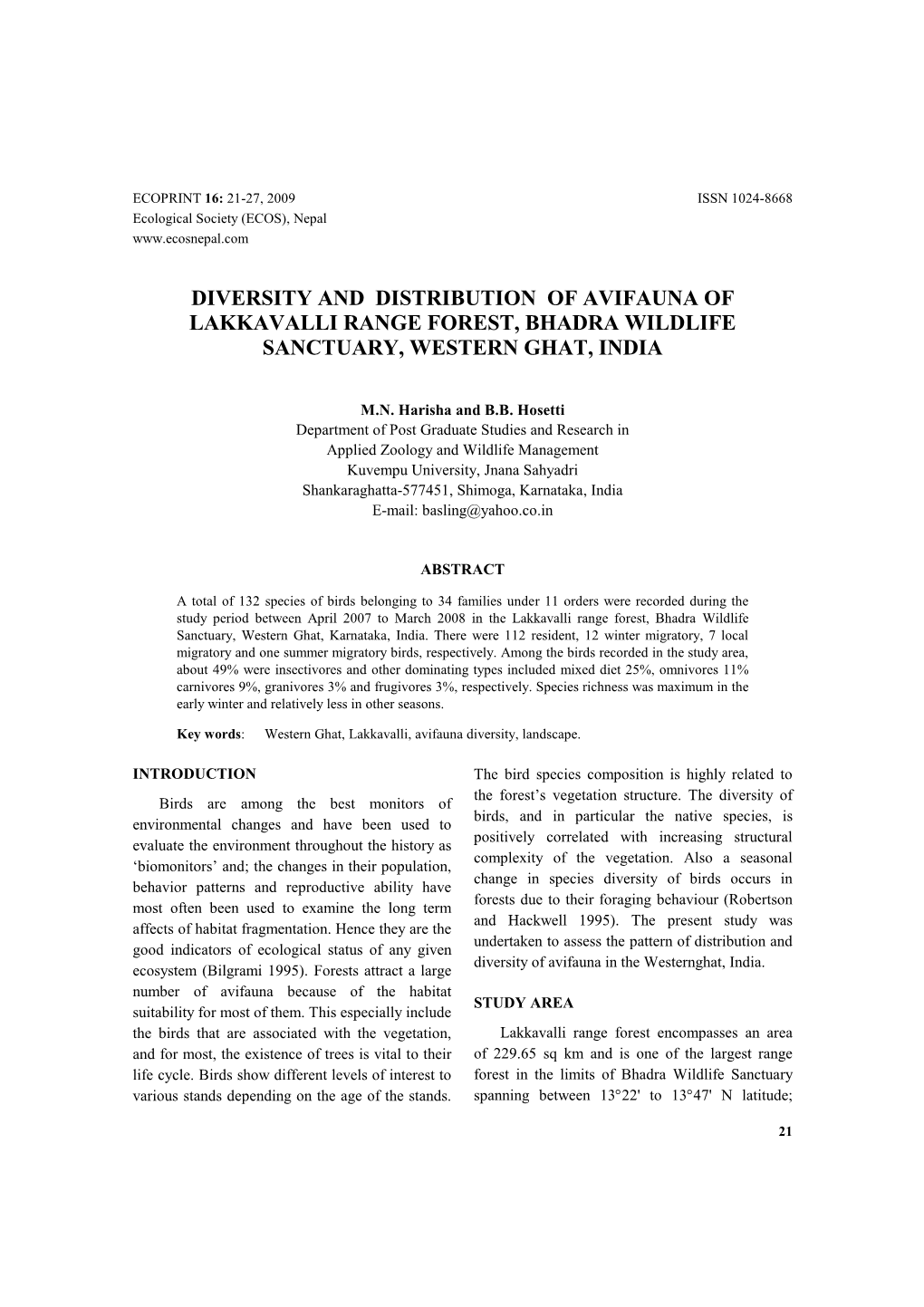 Diversity and Distribution of Avifauna of Lakkavalli Range Forest, Bhadra Wildlife Sanctuary, Western Ghat, India