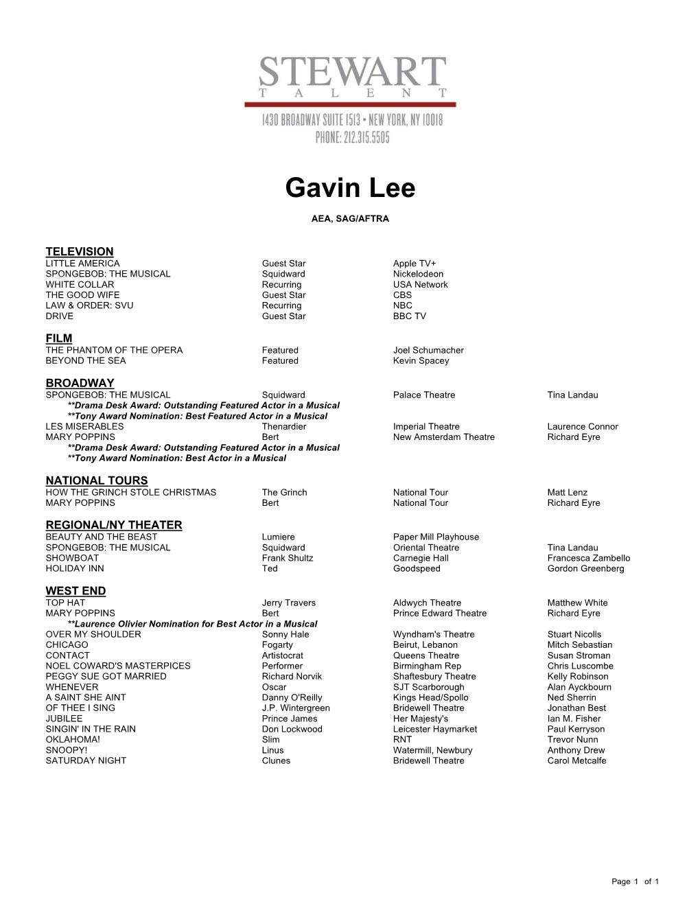 Gavin Lee Theatrical Resume