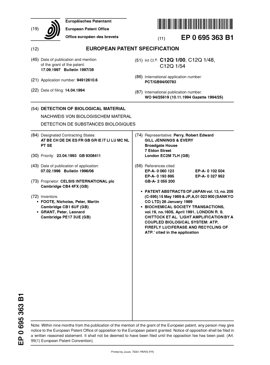 Detection of Biological Material Nachweis Von Biologischem Materal Detection De Substances Biologiques