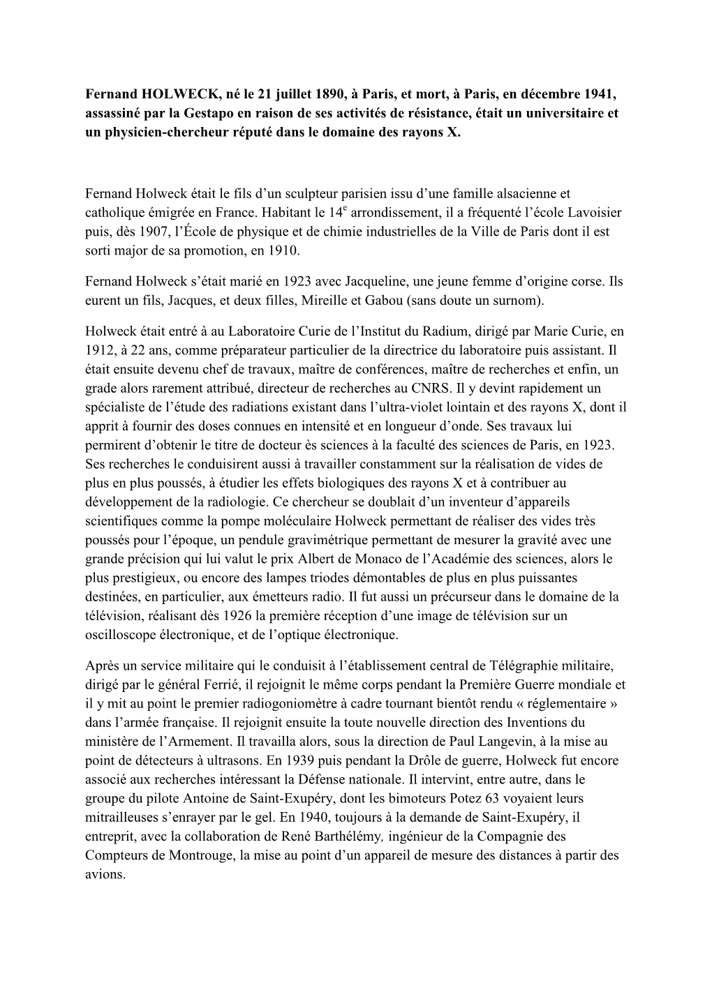 Fernand HOLWECK, Né Le 21 Juillet 1890, À Paris, Et Mort, À Paris, En