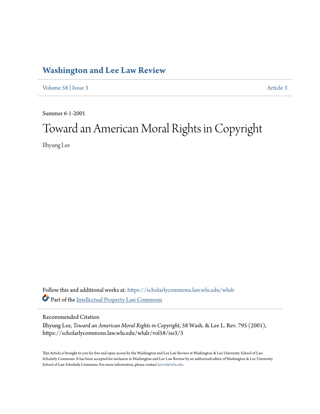 Moral Rights in Copyright Ilhyung Lee