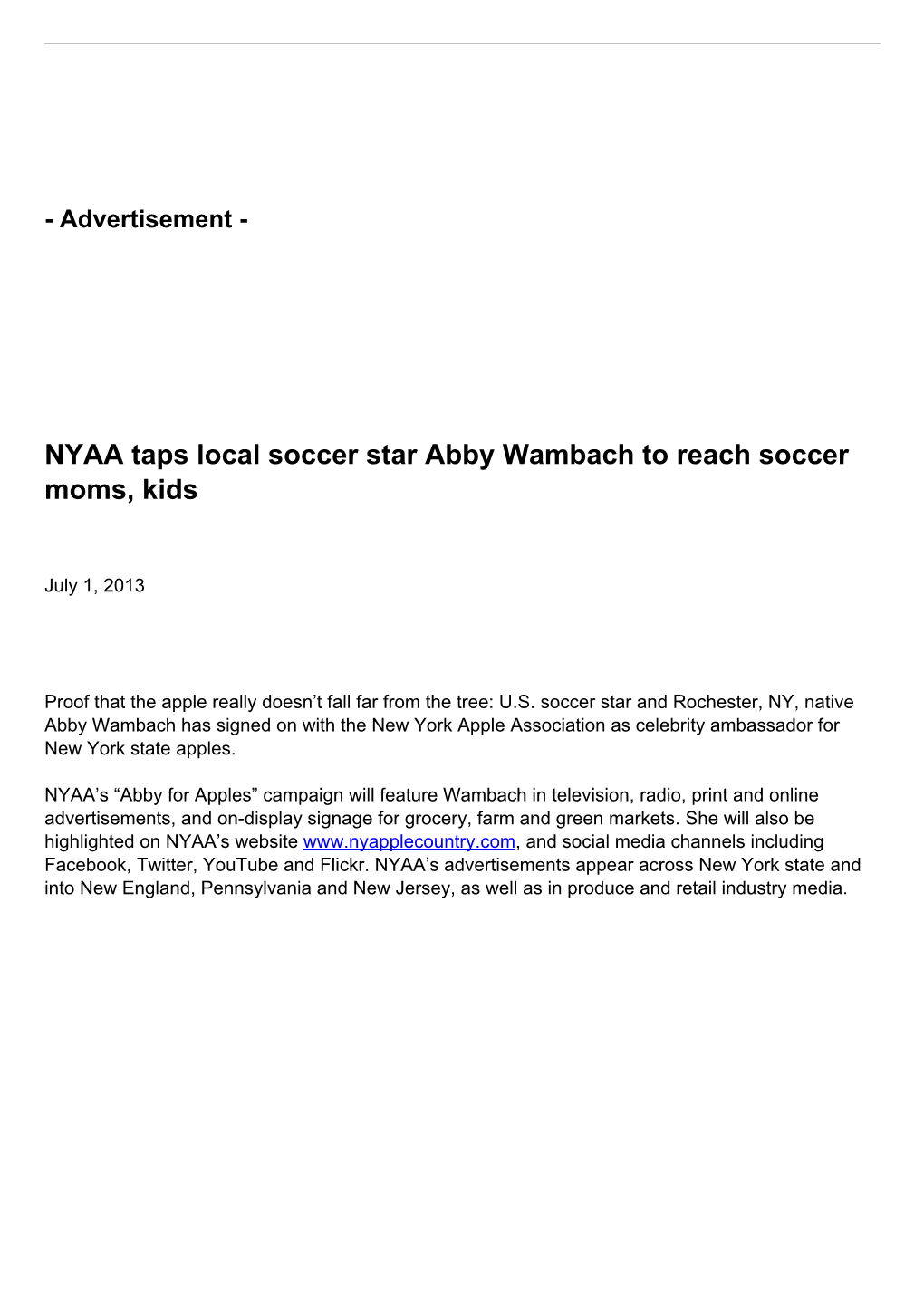 NYAA Taps Local Soccer Star Abby Wambach to Reach Soccer Moms, Kids