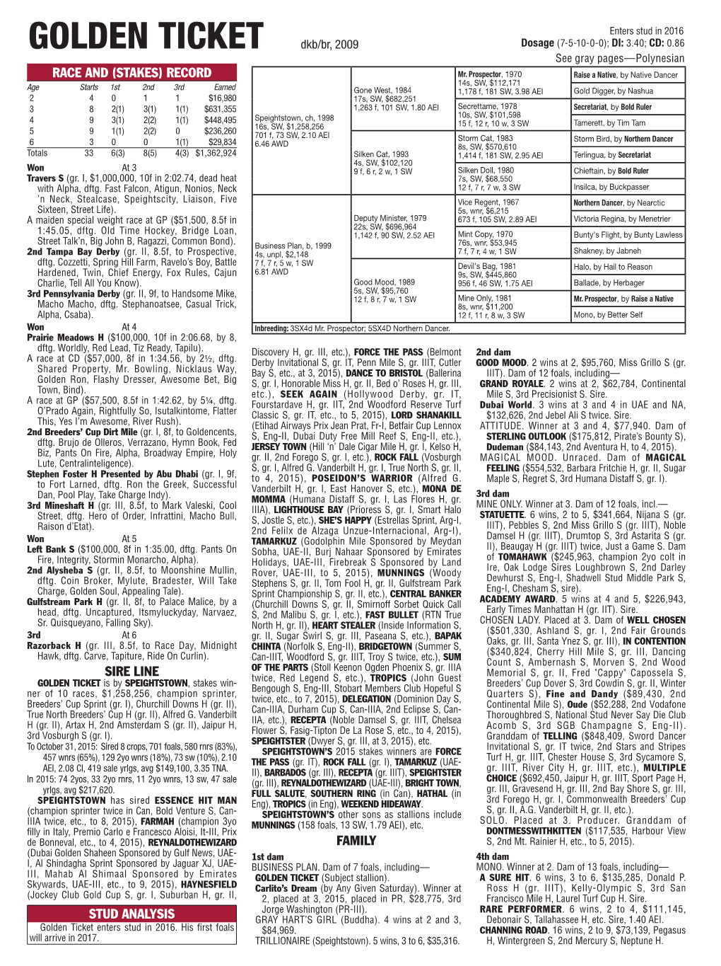 GOLDEN TICKET Dkb/Br, 2009 Dosage (7-5-10-0-0); DI: 3.40; CD: 0.86 See Gray Pages—Polynesian RACE and (STAKES) RECORD Mr
