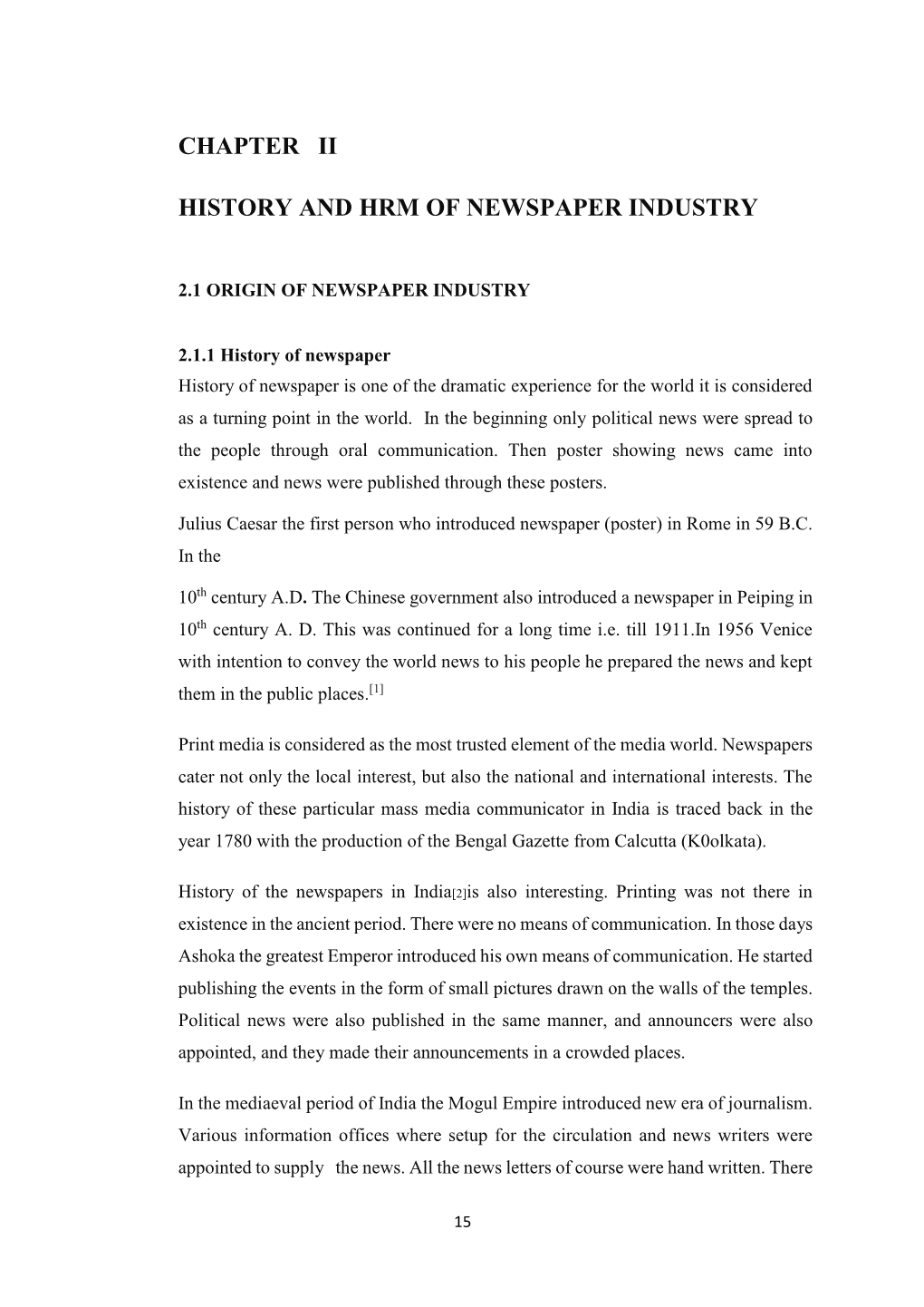 Chapter Ii History and Hrm of Newspaper Industry