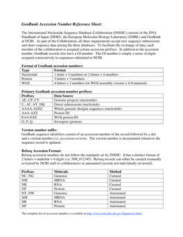 Genbank Accession Number Reference Sheet