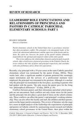 Leadership Role Expectations and Relationships of Principals and Pastors in Catholic Parochial Elementary Schools: Part 1