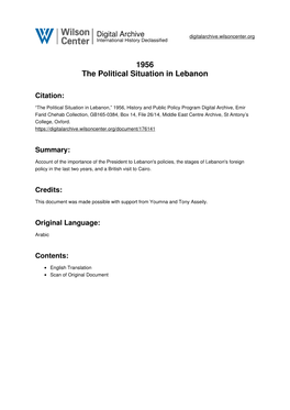 1956 the Political Situation in Lebanon