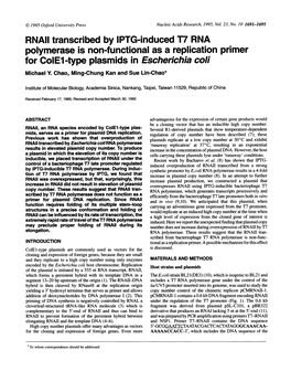 RNAII Transcribed by IPTG-Induced T7 RNA Polymerase Is Non-Functional As a Replication Primer for Colel-Type Plasmids in Escherichia Coli Michael Y