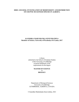 Hide and Seek: Investigation of Biodiversity and Distribution of Cryptic Duckweed Species in Alberta