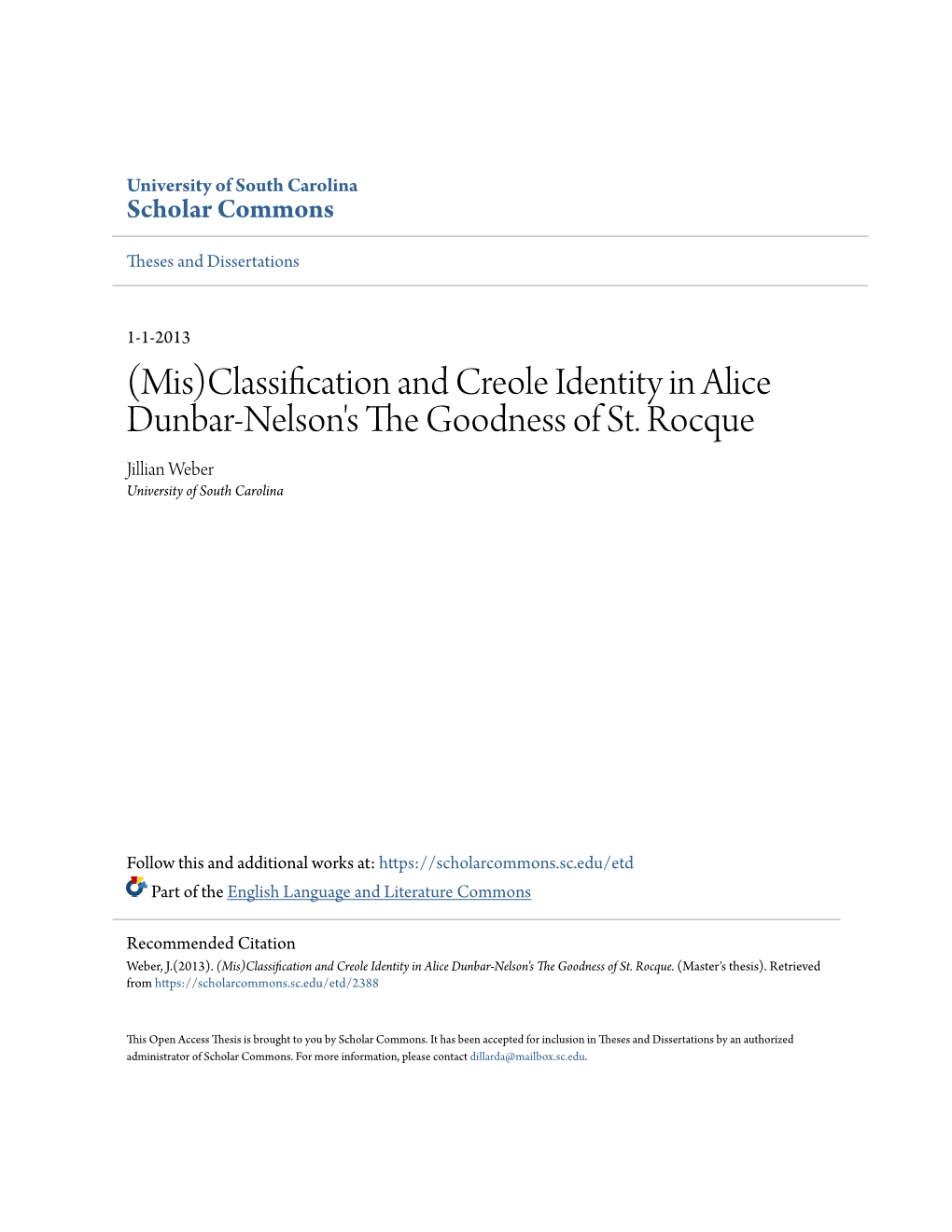 Classification and Creole Identity in Alice Dunbar-Nelson's the Goodness of St