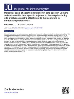 Molecular Basis of Spectrin Deficiency in Beta Spectrin Durham. a Deletion