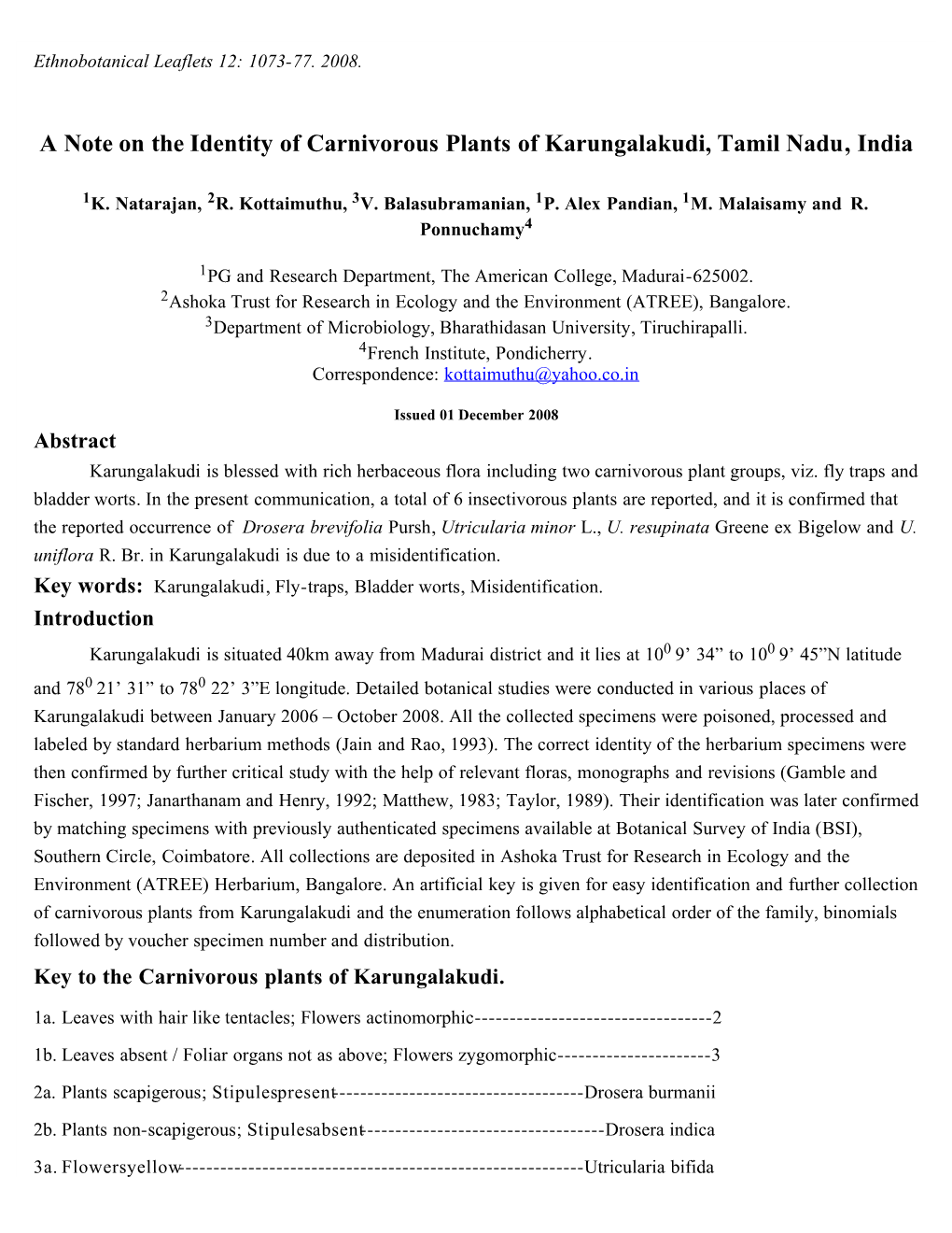 A Note on the Identity of Carnivorous Plants of Karungalakudi, Tamil Nadu, India