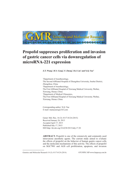 Propofol Suppresses Proliferation and Invasion of Gastric Cancer Cells Via Downregulation of Microrna-221 Expression