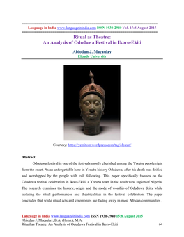 Ritual As Theatre: an Analysis of Oduduwa Festival in Ikoro-Ekiti