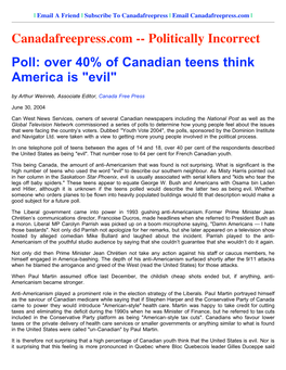 Over 40% of Canadian Teens Think America Is "Evil" by Arthur Weinreb, Associate Editor, Canada Free Press