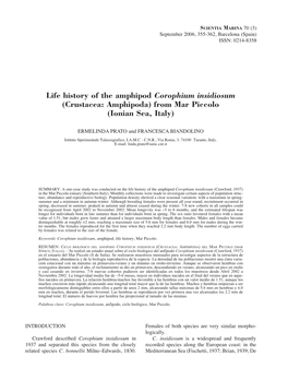 Life History of the Amphipod Corophium Insidiosum (Crustacea: Amphipoda) from Mar Piccolo (Ionian Sea, Italy)