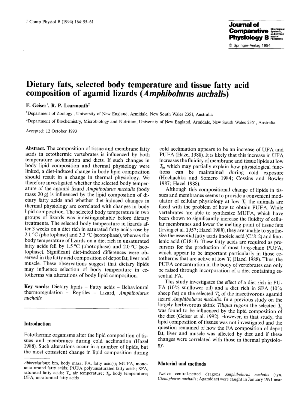 Dietary Fats, Selected Body Temperature and Tissue Fatty Acid Composition of Agamid Lizards (Amphibolurus Nuchalis) F