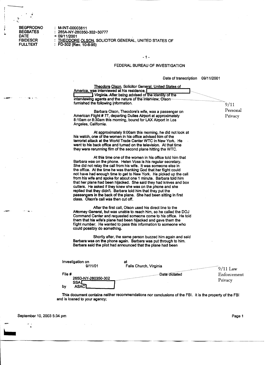 9/11 Law File# Date Dictated Enforcement 265D-NY-280350-302 Pnvacy Owm^^ I by ASAC| F