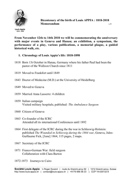 Bicentenary of the Birth of Louis APPIA : 1818-2018 Memorandum From