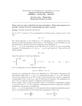 Department of Mathematics, University of Utah Analysis of Numerical Methods I MTH6610 – Section 001 – Fall 2017 Lecture Notes – Eigenvalues Wednesday October 25, 2017
