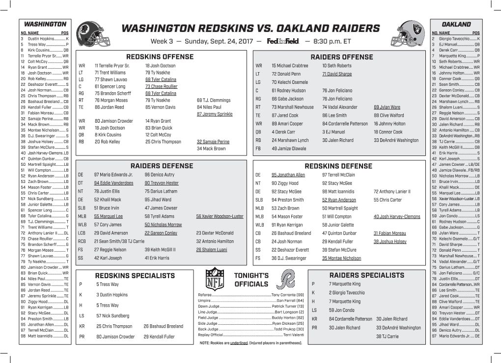 Washington Redskins Vs. Oakland Raiders No