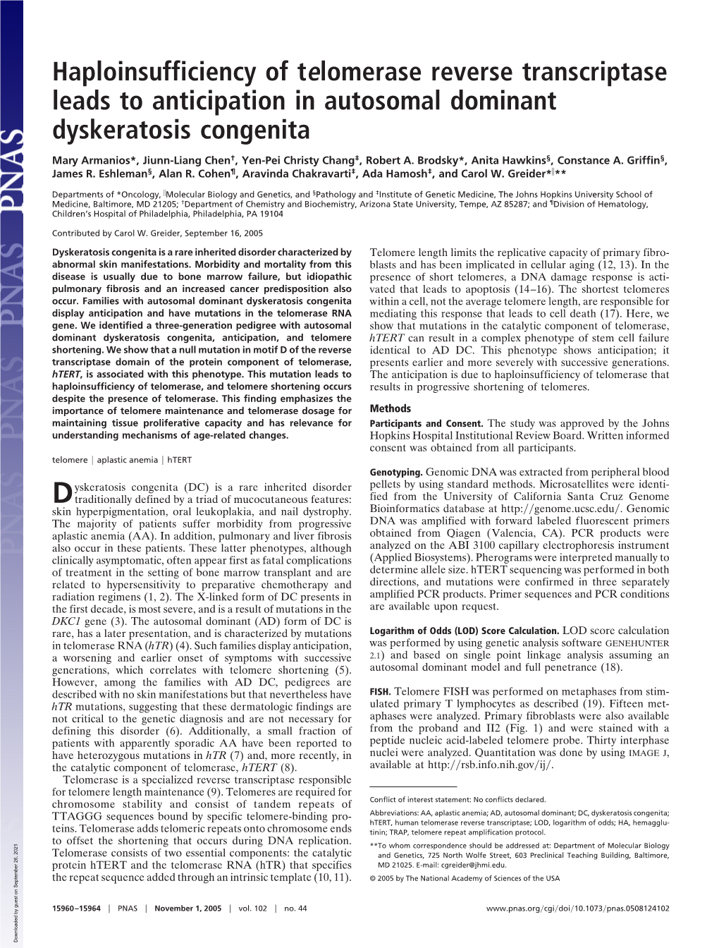Haploinsufficiency of Telomerase Reverse Transcriptase Leads to Anticipation in Autosomal Dominant Dyskeratosis Congenita