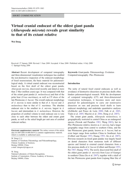 Virtual Cranial Endocast of the Oldest Giant Panda (Ailuropoda Microta) Reveals Great Similarity to That of Its Extant Relative