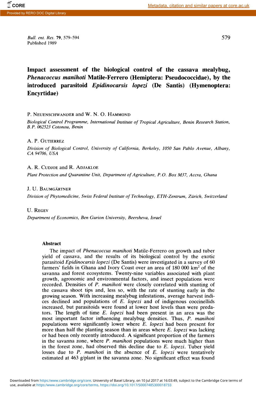 Impact Assessment of the Biological Control of the Cassava