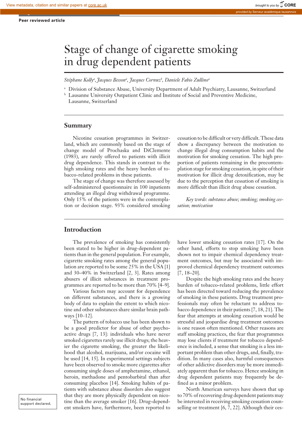 Stage of Change of Cigarette Smoking in Drug Dependent Patients