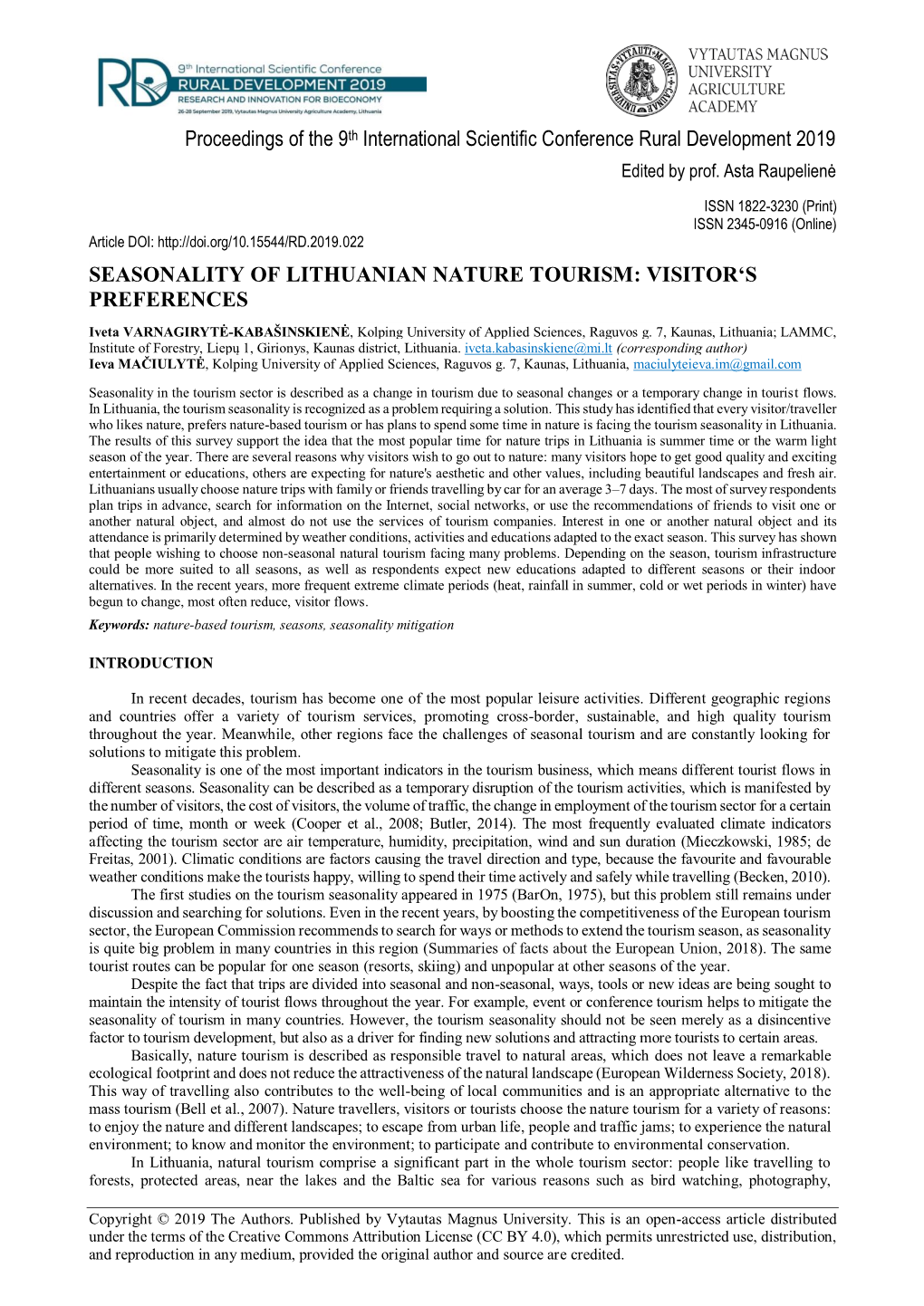 Seasonality in Lithuanian Nature Tourism: Visitor's Preferences