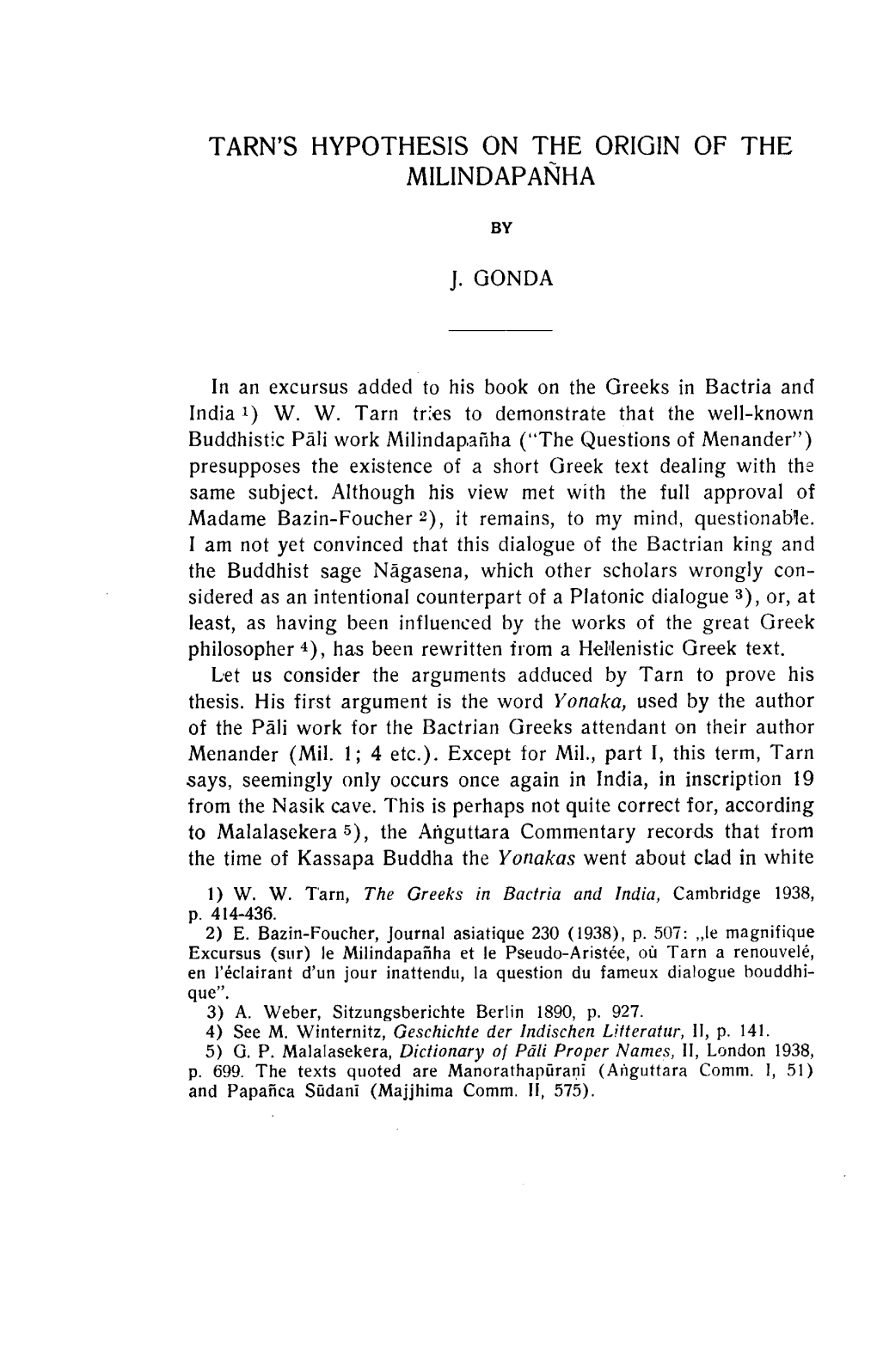 Tarn's Hypothesis on the Origin of the Milindapanha