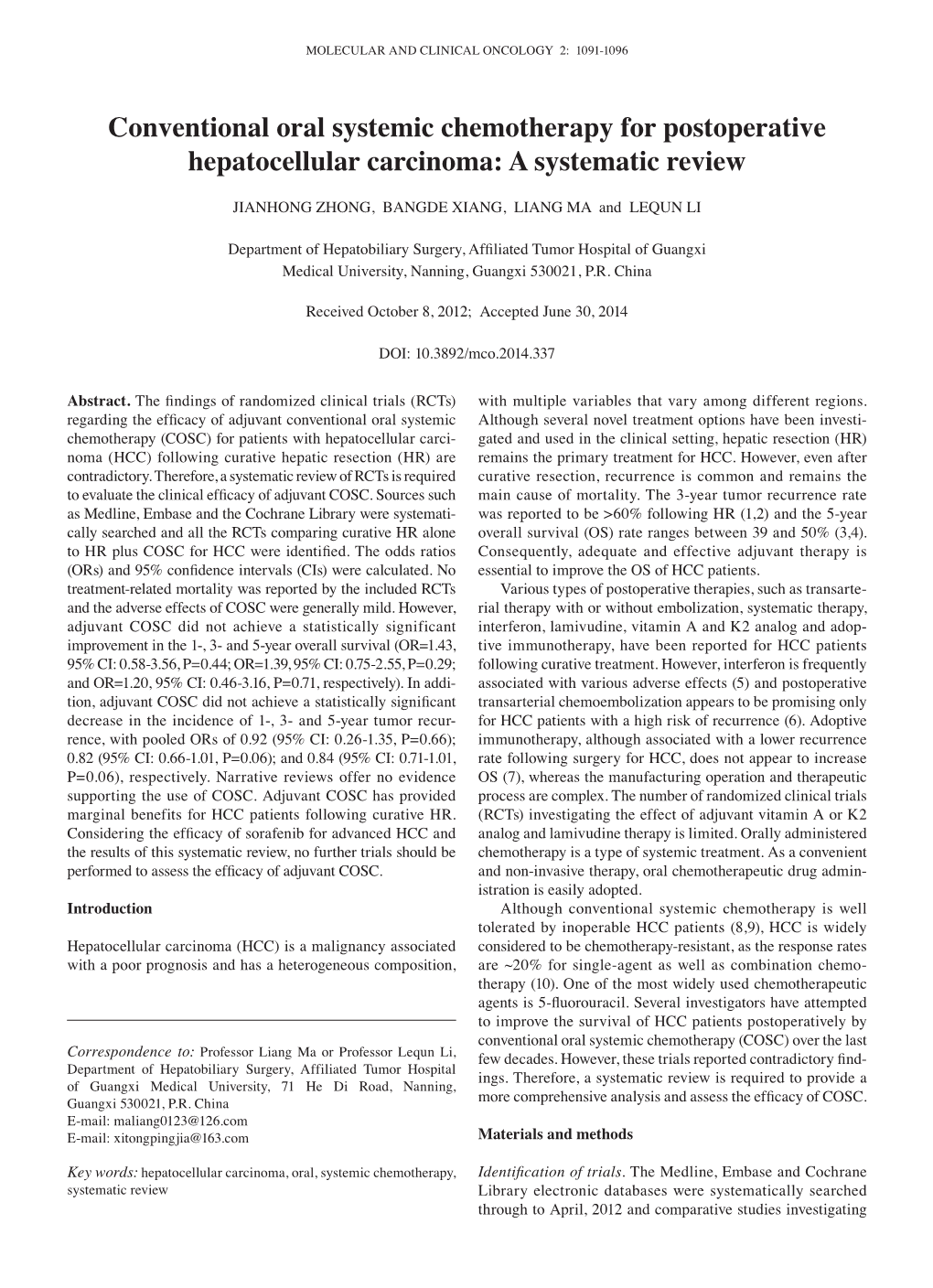 Conventional Oral Systemic Chemotherapy for Postoperative Hepatocellular Carcinoma: a Systematic Review