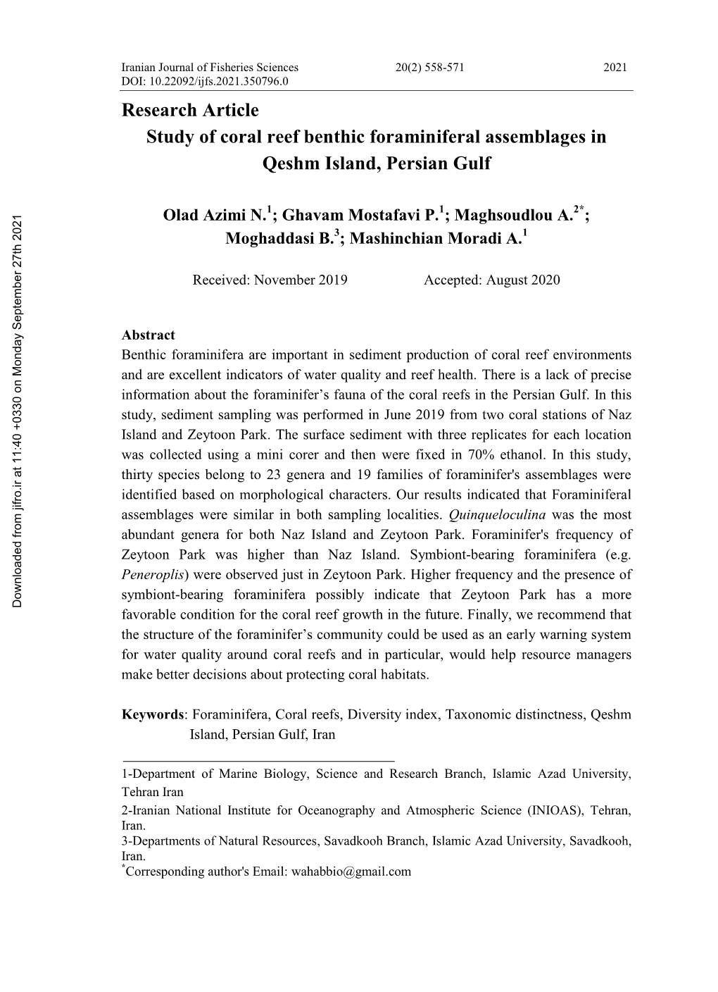 Research Article: Study of Coral Reef Benthic Foraminiferal Assemblages