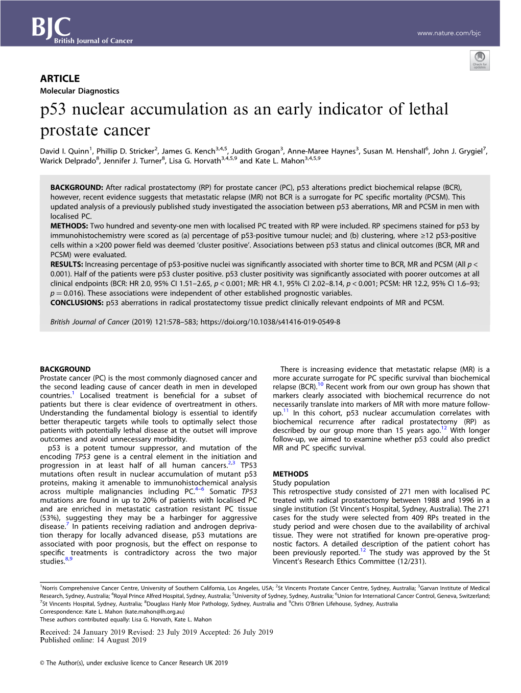 P53 Nuclear Accumulation As an Early Indicator of Lethal Prostate Cancer